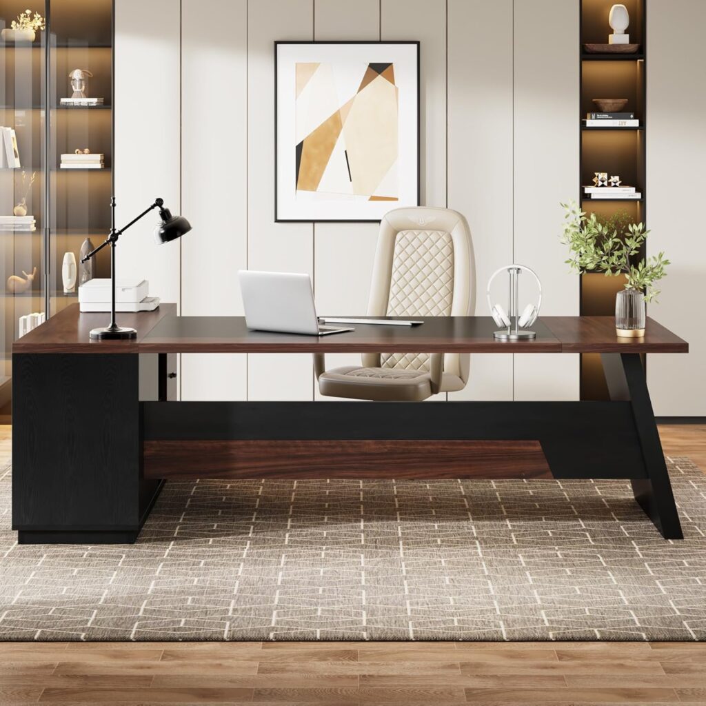 Tribesigns 78 L-Shaped Executive Desk, Large Office Desk with Drawers and Lateral File Cabinet, Business Furniture with Storage Shelves, Modern Computer Desk for Home Office, Walnut  Black