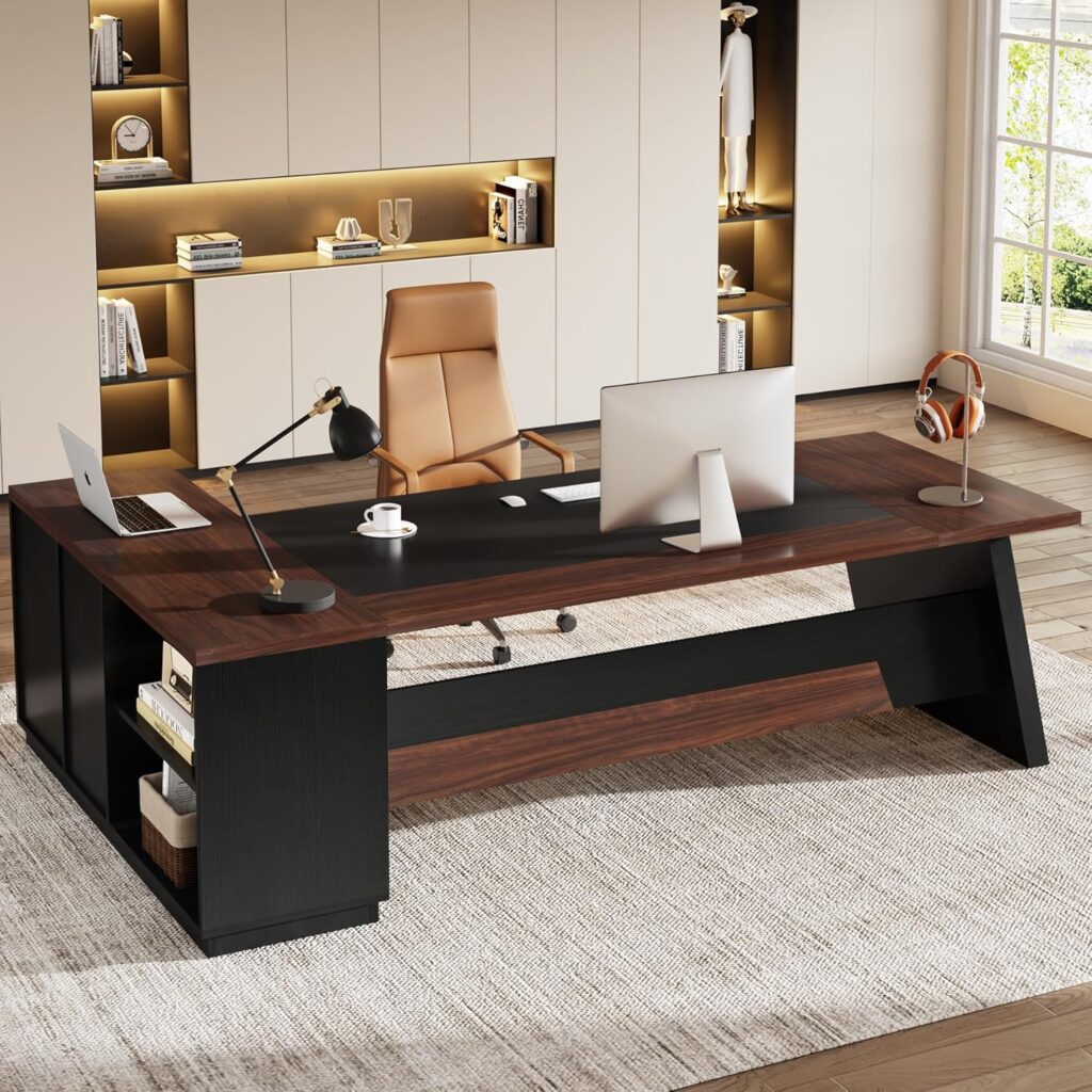 Tribesigns 78 L-Shaped Executive Desk, Large Office Desk with Drawers and Lateral File Cabinet, Business Furniture with Storage Shelves, Modern Computer Desk for Home Office, Walnut  Black