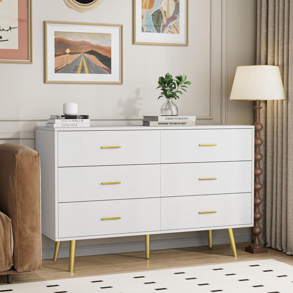 White Dresser for Bedroom, 6 Drawer Wooden Double Dresser with Gold Handles, Modern Chest of Storage Dresser with Deep Drawers for Living Room, Hallway