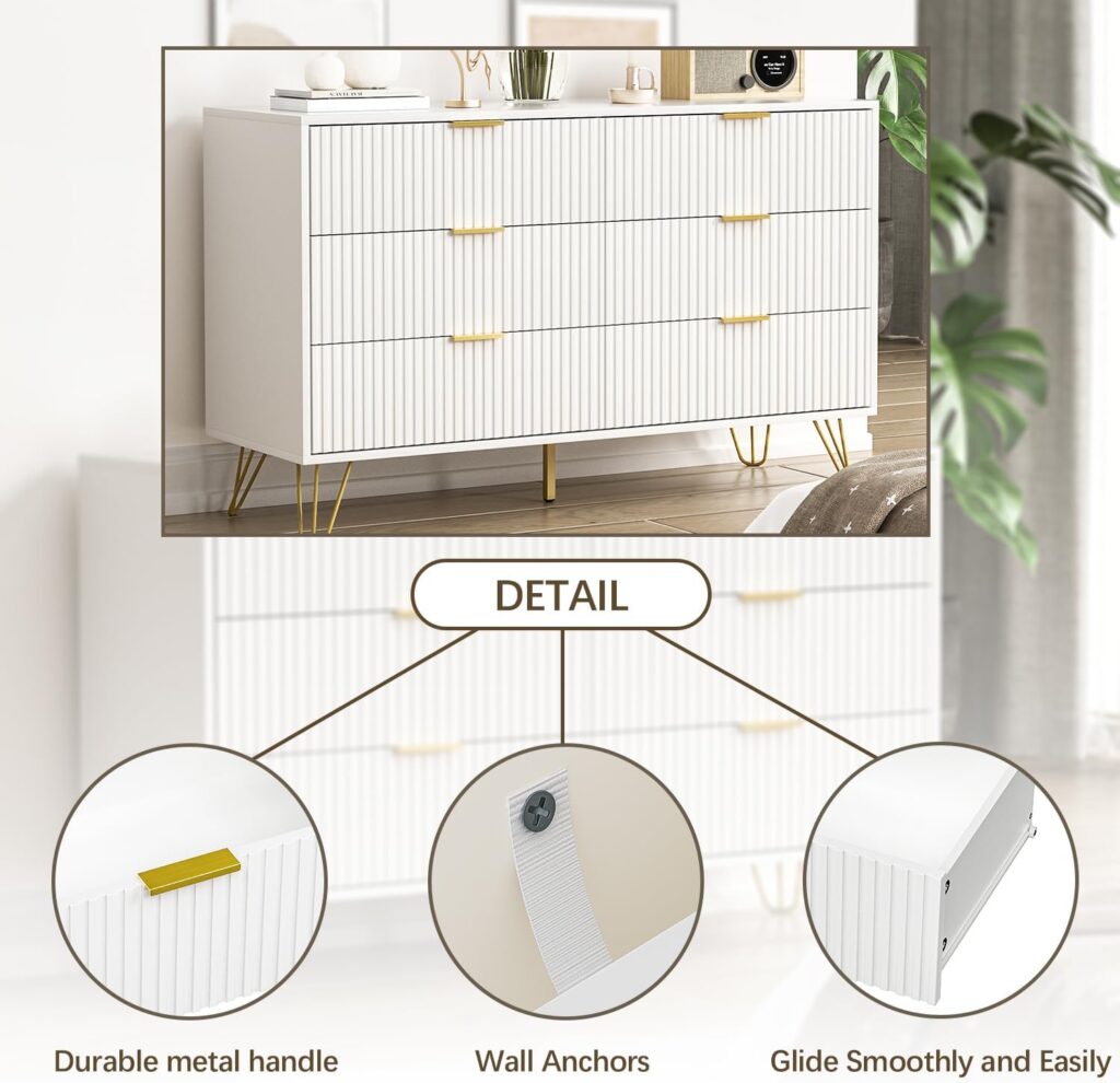 White Dresser for Bedroom, Wood 6 Drawer Double Dresser with Wide Drawers and Gold Handles, Modern Dressers  Chest of Drawers for Hallway, Entryway,Living Room